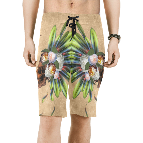 Amazing skull with feathers and flowers Men's All Over Print Board Shorts (Model L16)