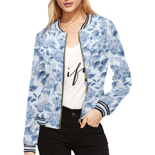 Blue and White Floral Pattern All Over Print Bomber Jacket for Women (Model H21)