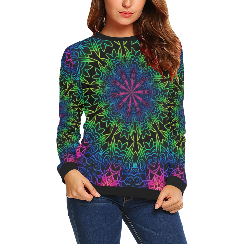 Rainbow Scratch Art Mandala Kaleidoscope Abstract All Over Print Crewneck Sweatshirt for Women (Model H18)