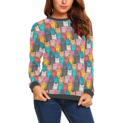 Cartoon Cat Pattern All Over Print Crewneck Sweatshirt for Women (Model H18)