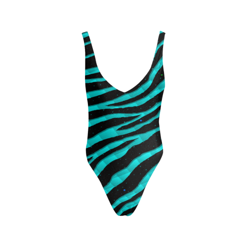 Ripped SpaceTime Stripes - Cyan Sexy Low Back One-Piece Swimsuit (Model S09)