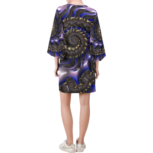 Blue Silver And Pink Whirlpool Fractal Abstract Bell Sleeve Dress (Model D52)