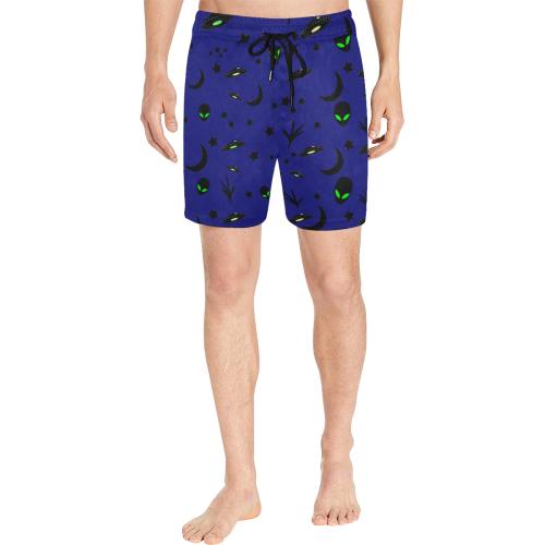 Alien Flying Saucers Stars Pattern on Blue Men's Mid-Length Swim Shorts (Model L39)