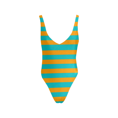 Orange Aqua Stripes Sexy Low Back One-Piece Swimsuit (Model S09)