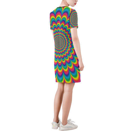 Crazy Psychedelic Flower Power Hippie Mandala Short-Sleeve Round Neck A-Line Dress (Model D47)