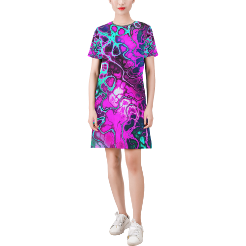 awesome fractal 35B by JamColors Short-Sleeve Round Neck A-Line Dress (Model D47)