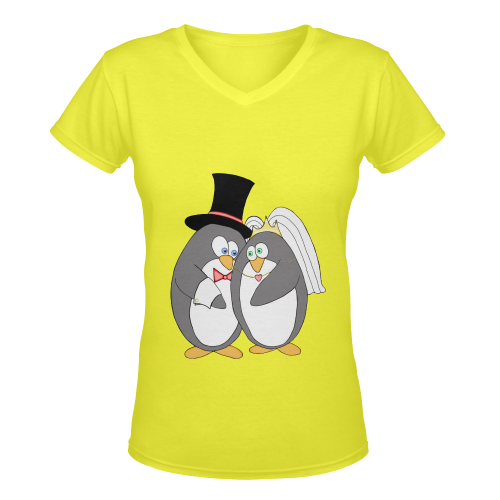 Penguin Wedding Yellow Women's Deep V-neck T-shirt (Model T19)