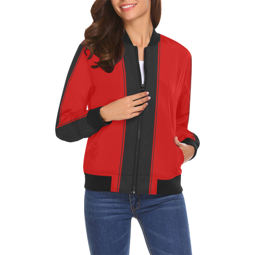 Red Racing Stripe Center Black All Over Print Bomber Jacket for Women (Model H19)
