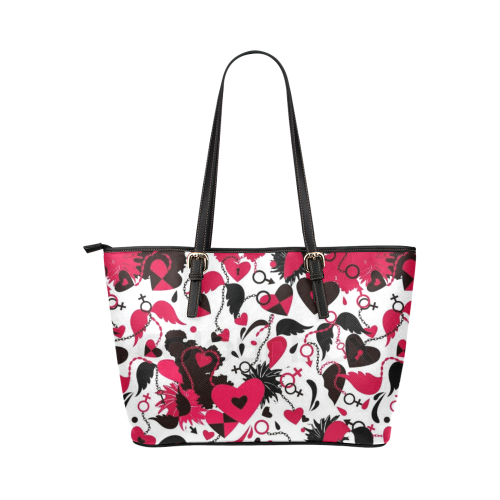 seamless background with broken hearts fancy pink florals on black leather tote bag large Leather Tote Bag/Large (Model 1651)