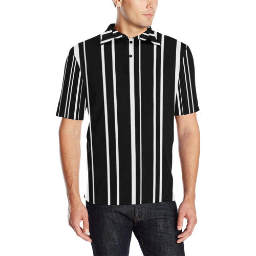 white stripes on black Men's All Over Print Polo Shirt (Model T55)