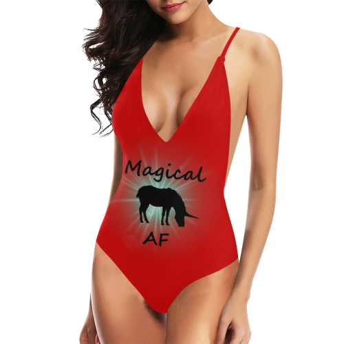 unicorn magical af red Sexy Lacing Backless One-Piece Swimsuit (Model S10)