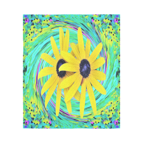 Yellow Flowers on a Turquoise Garden Swirl Cotton Linen Wall Tapestry 51"x 60"