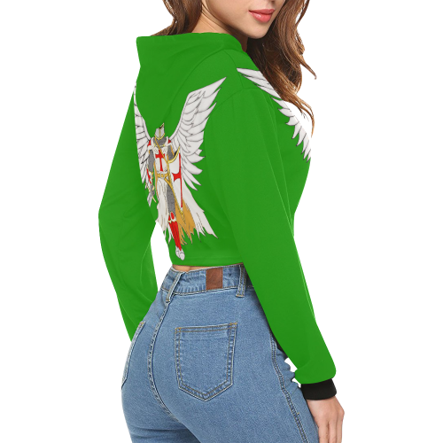 Knights Templar Angel Green All Over Print Crop Hoodie for Women (Model H22)