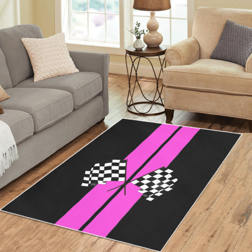Checkered Flags, Race Car Stripe Black and Pink Area Rug 5'3''x4'