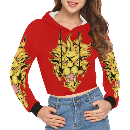 Gold Metallic Lion Red All Over Print Crop Hoodie for Women (Model H22)