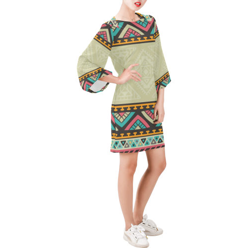 Beautiful Ethnic Tiki Design Bell Sleeve Dress (Model D52)
