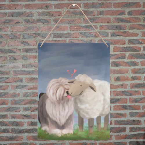 sheepdog and the sheep-big with backgrd Metal Tin Sign 12"x16"