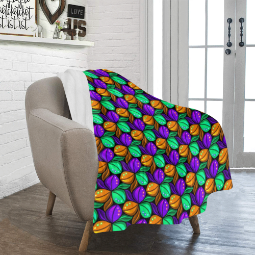 Tricolor Floral Pattern Orange Green and Violet Ultra-Soft Micro Fleece Blanket 40"x50"