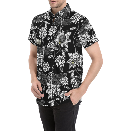 Black and White Nature Garden Men's All Over Print Short Sleeve Shirt (Model T53)