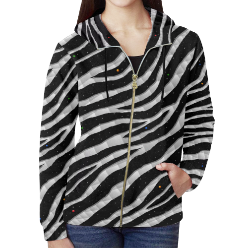 Ripped SpaceTime Stripes - White All Over Print Full Zip Hoodie for Women (Model H14)