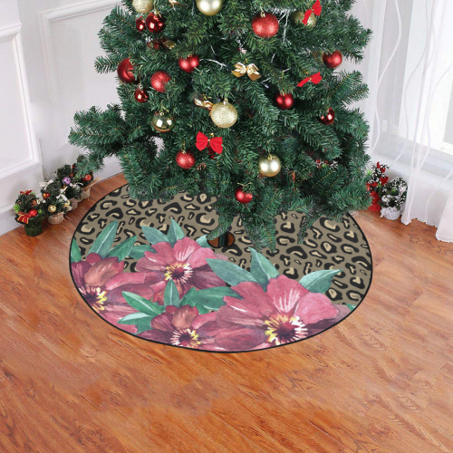 Cheetah and Watercolor Flowers Christmas Tree Skirt 47" x 47"