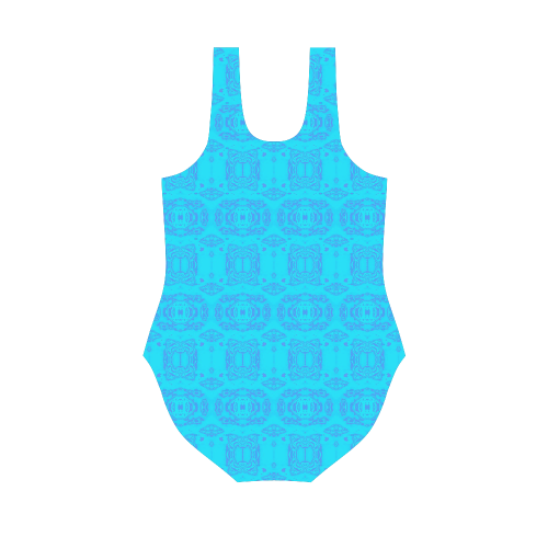 Blue and Turquoise Abstract Damask Vest One Piece Swimsuit (Model S04)