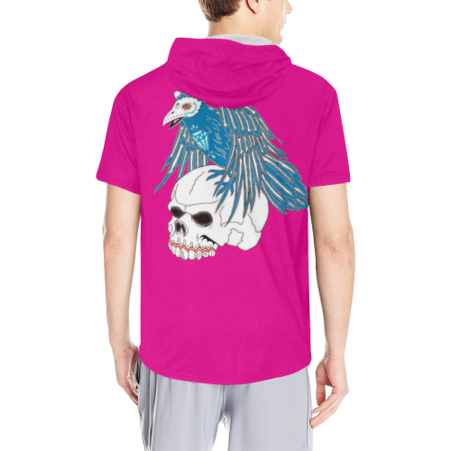 Raven Sugar Skull Pink All Over Print Short Sleeve Hoodie for Men (Model H32)