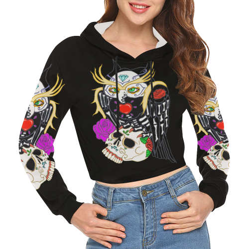 Owl Sugar Skull Black All Over Print Crop Hoodie for Women (Model H22)