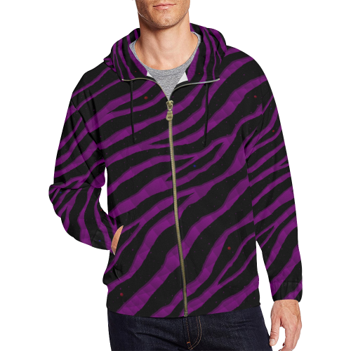 Ripped SpaceTime Stripes - Purple All Over Print Full Zip Hoodie for Men/Large Size (Model H14)