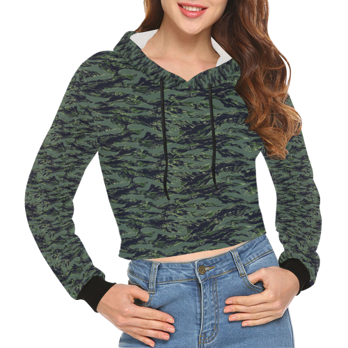 Jungle Tiger Stripe Green Camouflage All Over Print Crop Hoodie for Women (Model H22)