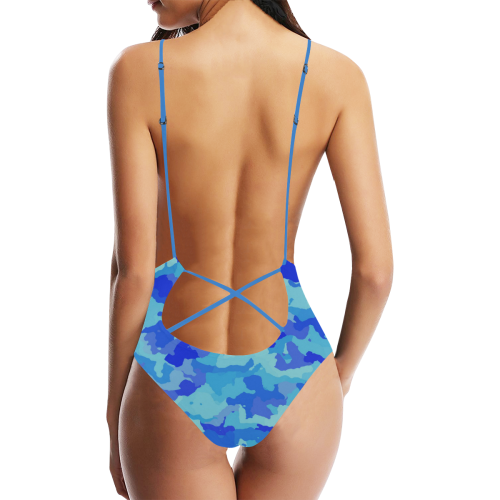 camouflage blue Sexy Lacing Backless One-Piece Swimsuit (Model S10)