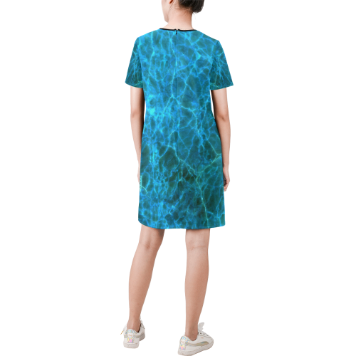 blue scratch pattern Short-Sleeve Round Neck A-Line Dress (Model D47)