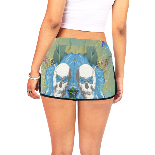 Funny skull with blue flowers Women's All Over Print Relaxed Shorts (Model L19)