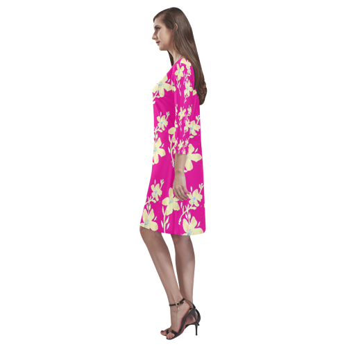 Pink Dress With Yellow Flower Design Rhea Loose Round Neck Dress(Model D22)