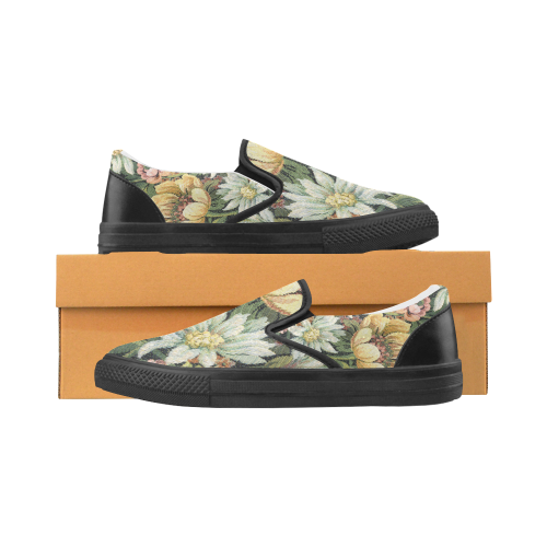 grandma's comfy floral black trim Slip-on Canvas Shoes for Men/Large Size (Model 019)