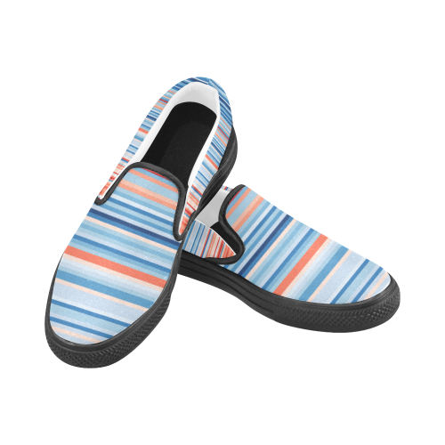 Blue and coral stripe 1 black trim Slip-on Canvas Shoes for Men/Large Size (Model 019)