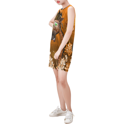 Funny giraffe with feathers Sleeveless Round Neck Shift Dress (Model D51)