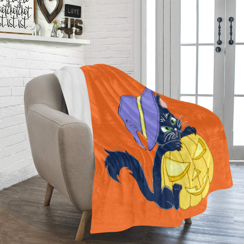Cute Halloween Black Cat Witches Hat Orange Ultra-Soft Micro Fleece Blanket 50"x60"
