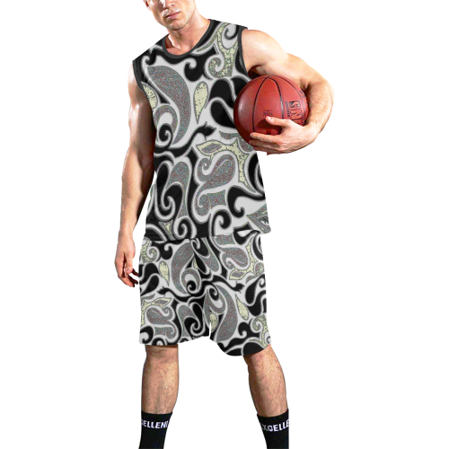retro abstract doodle in black and white All Over Print Basketball Uniform