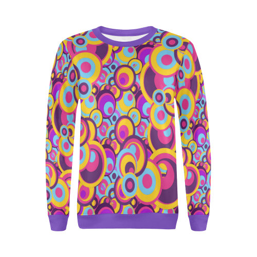 Retro Circles Groovy Violet, Yellow, Blue Colors All Over Print Crewneck Sweatshirt for Women (Model H18)