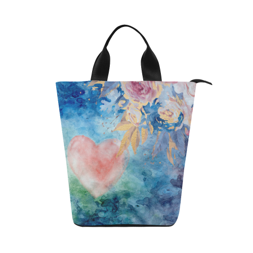 Heart and Flowers - Pink and Blue Nylon Lunch Tote Bag (Model 1670)