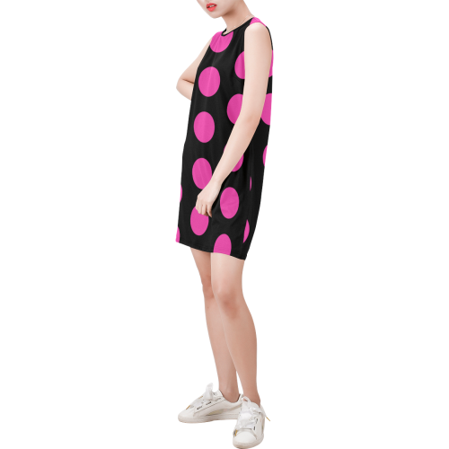 Pink Polka Dots on Black Sleeveless Round Neck Shift Dress (Model D51)