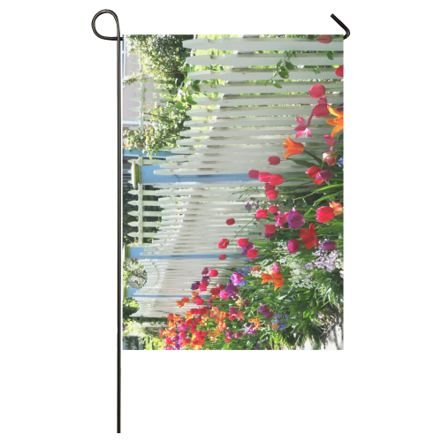 Tulips Garden Along White Picket Fence Floral Photography garden flag Garden Flag 28''x40'' （Without Flagpole）