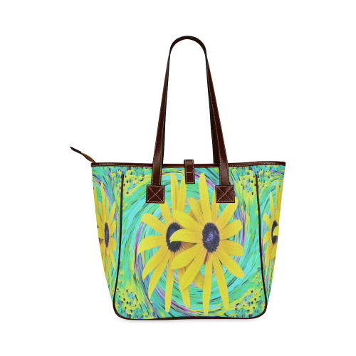 Yellow Flowers on a Turquoise Garden Swirl Classic Tote Bag (Model 1644)