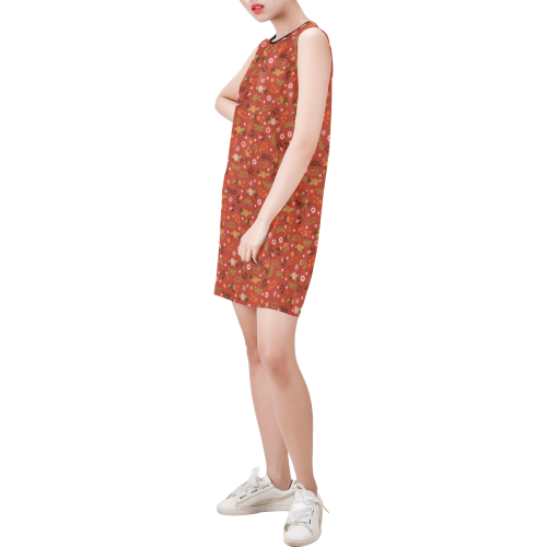 Red Floral Sleeveless Round Neck Shift Dress (Model D51)