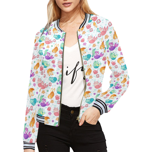 Fat Mermaid Cats All Over Print Bomber Jacket for Women (Model H21)