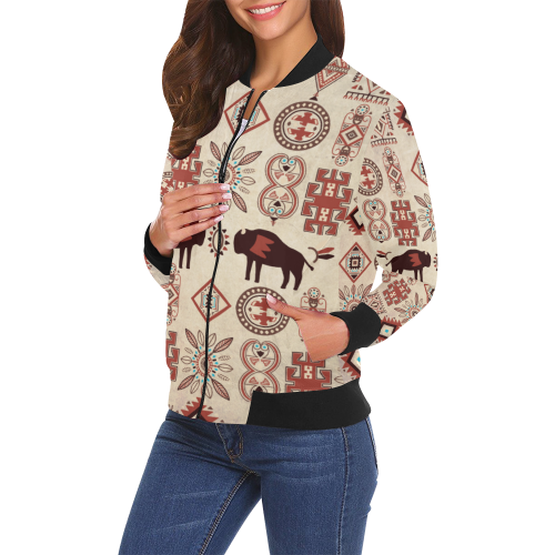 American Native Buffalo All Over Print Bomber Jacket for Women (Model H19)