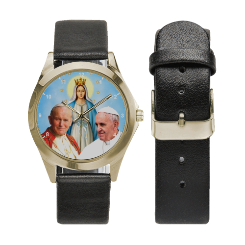 Pope Francis and Pope John Paul II Unisex Silver-Tone Round Leather Watch (Model 216)