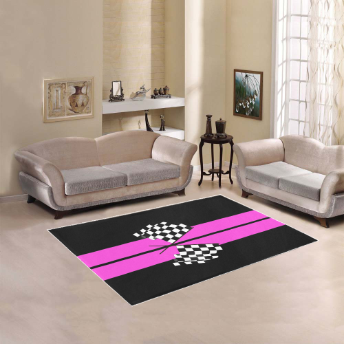 Checkered Flags, Race Car Stripe Black and Pink Area Rug 5'3''x4'