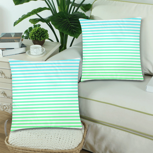 Aqua/Green Stripes on White Custom Zippered Pillow Cases 18"x 18" (Twin Sides) (Set of 2)
